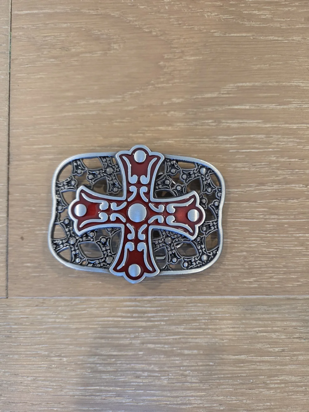 Red Enamel Celtic Cross Filigree Silver Tone Belt Buckle
